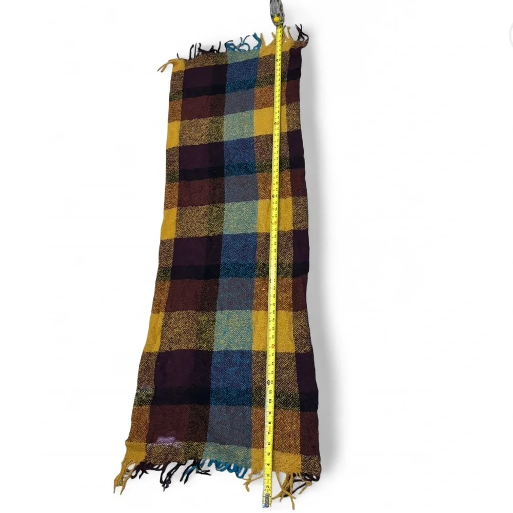 Oversized Plaid Blanket Scarf Mustard Purple Teal Chunky Fringe Cozy Wrap